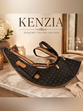 Kenzia Genuine Italian Leather Crescent Shoulder Bag - Black with Tan Trim